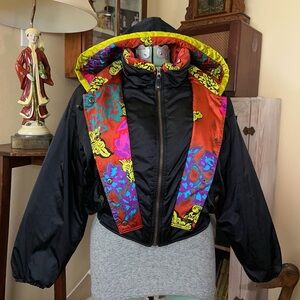 Vintage 80s/90s Stardust Neon Floral Obermeyer Cropped Puffer Ski Jacket w/ Hood